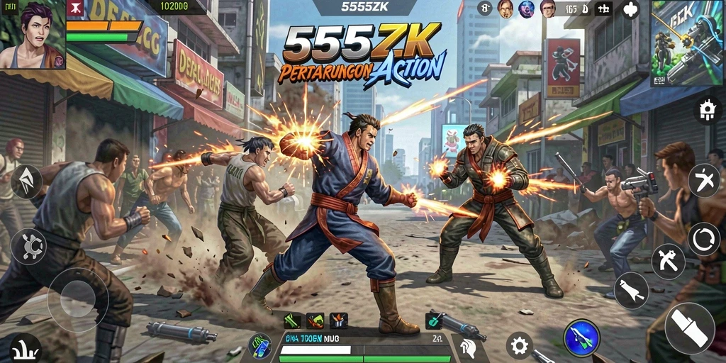 Tangkapan layar gameplay 555ZK yang menampilkan pertarungan yang mendebarkan.