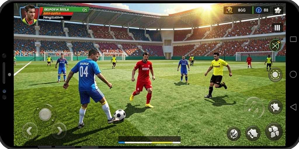 Screenshot dari gameplay seru dalam 8G8G yang menampilkan aksi di lapangan sepak bola.
