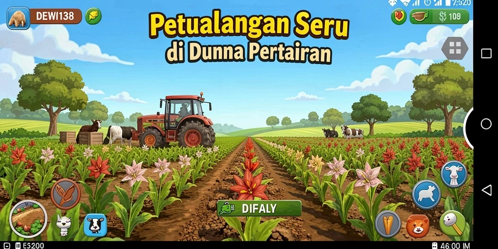 Screenshot DEWI138 menampilkan aktivitas bertani yang menyenangkan.