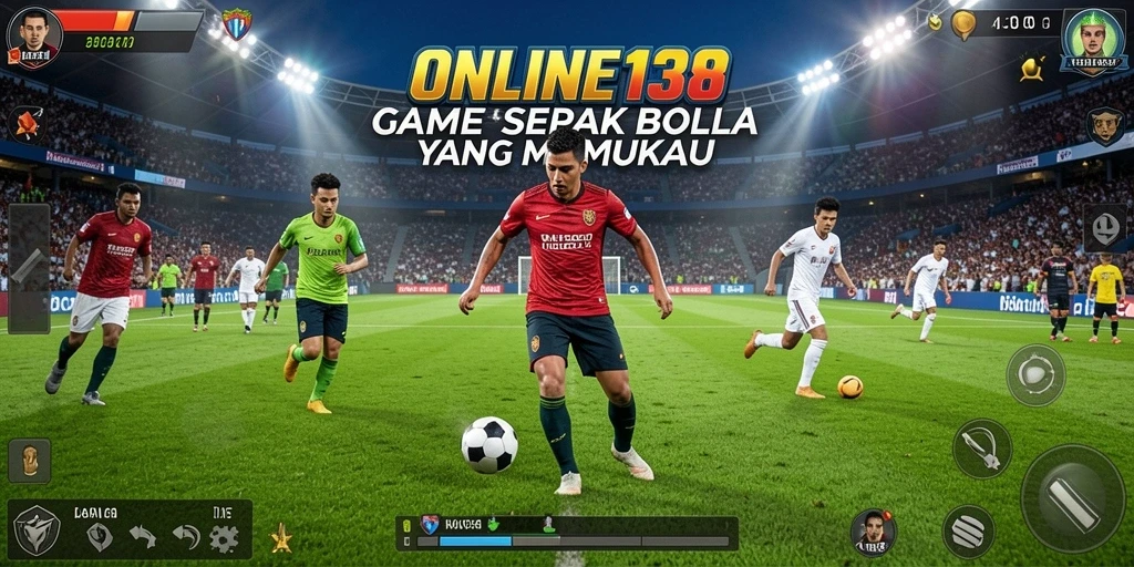 Screenshot utama ONLINE138 menampilkan aksi seru di lapangan sepak bola.