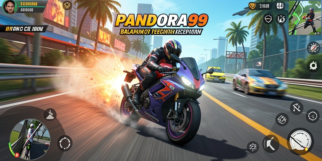 Screenshot gameplay balapan motor PANDORA99 yang mendebarkan.