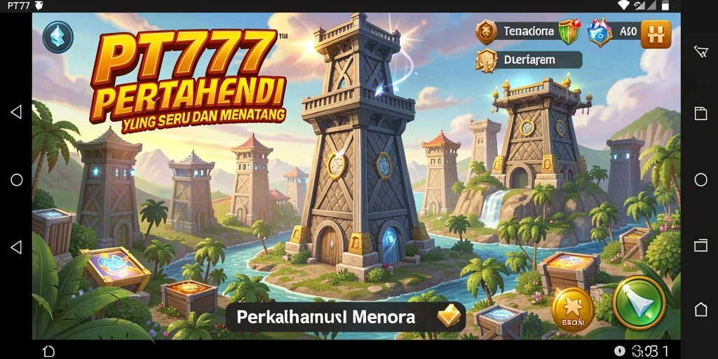 Screenshot utama PT777 menampilkan aksi menara dalam perang pertahanan.