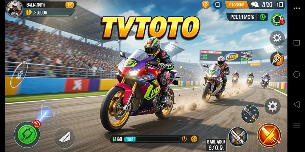 Tampilan gameplay <strong>TVTOTO</strong> yang dinamis dan penuh aksi saat balapan.