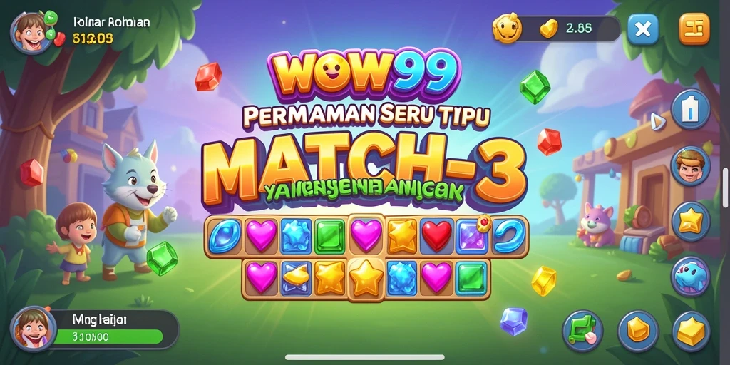 Screenshot WOW99 menampilkan gameplay Match-3 yang seru dan penuh warna.